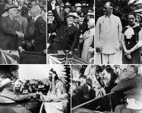 Composite image of Franklin D Roosevelt propping himself up while standing, and sitting down when meeting people