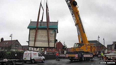 Sheringham signal box lifted by crane