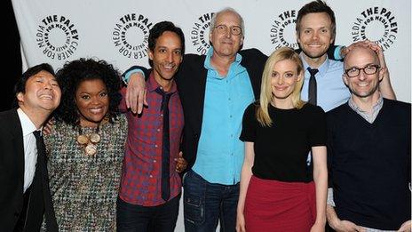 Chevy Chase (centre in blue shirt) with the rest of the Community cast