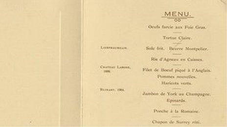 Titanic VIP lunch menu