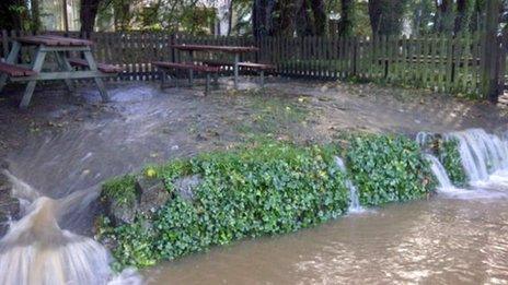 Flooded beer garden at the Riverside Inn