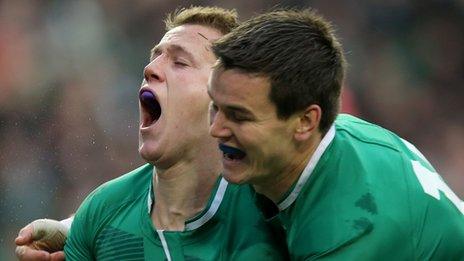 Craig Gilroy celebrates his try with Jonathan Sexton