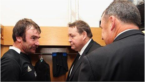 Andrew Hore (left) with head coach Steve Hansen and assistant coach Ian Foster after the victory over Wales