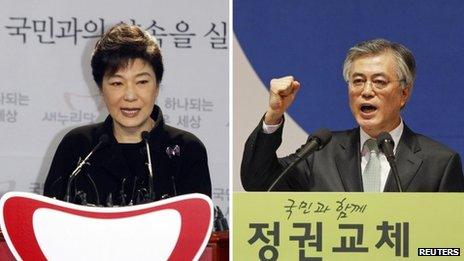 Composite image showing Park Geun-hye (L) and Moon Jae-in (R)