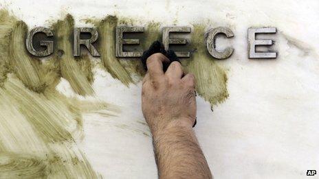 Graffiti is wiped off a Greek sign