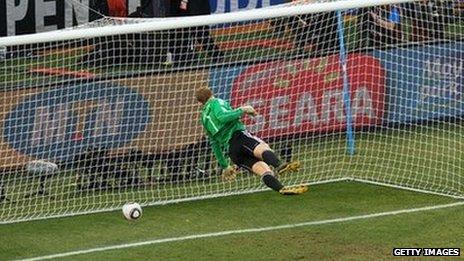 Germany goalkeeper dives as Frank Lampard shot bounces behind the line.