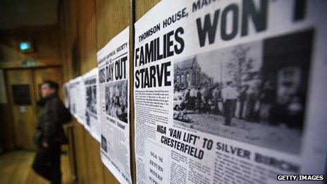 Newspaper clippings from the miners' strike days, about families starving