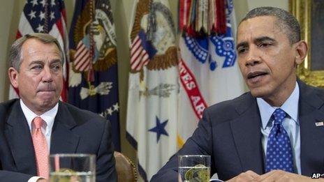 Republican Speaker of the House John Boehner (left) and President Barack Obama at the White House 16 November 2012