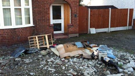 Rubble outside a property in St Asaph, Denbighshire