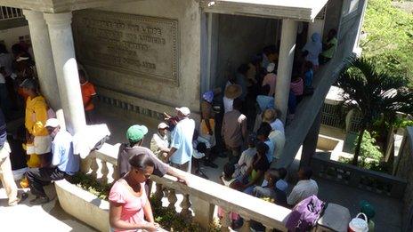 Patients queue at the clinic in Haiti