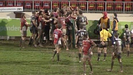 Plymouth Albion and Bristol players fight