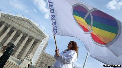 A same-sex marriage activist outside the US Supreme Court in Washington DC on 30 November 2012