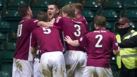 Steven Doris (hidden) is mobbed after giving Arbroath a shock equaliser