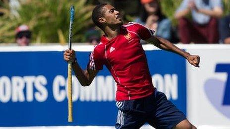 Darren Cheesman celebrates scoring for England