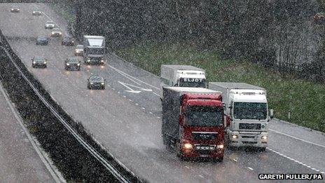 Snowfall on the M20 in Ashford