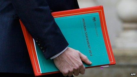 George Osborne holds his Autumn budget as he leaves the Treasury