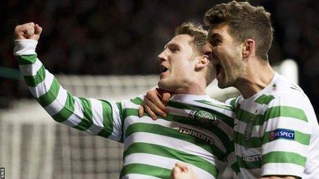 Commons and Mulgrew celebrate Celtic's winner against Spartak