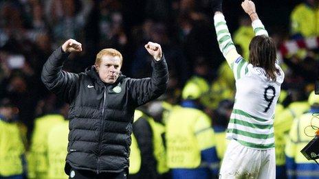 Neil Lennon (left) celebrates Celtic's win over Spartak Moscow