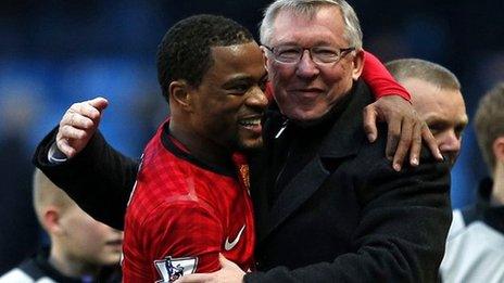 Sir Alex Ferguson embraces Patrice Evra