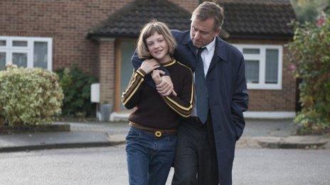 Skunk (Eloise Laurence) and Archie (Tim Roth) in BROKEN directed by Rufus Norris