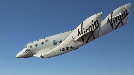 SpaceShipTwo, christened VSS Enterprise soars through the sky during a test flight in Mojave, CA, USA. Photo by Mark Greenberg