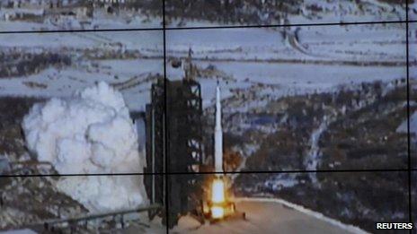 A screen shows the Unha-3 (Milky Way 3) rocket being launched from a launch pad in North Korea released by the official KCNA news agency, 12 December 2012