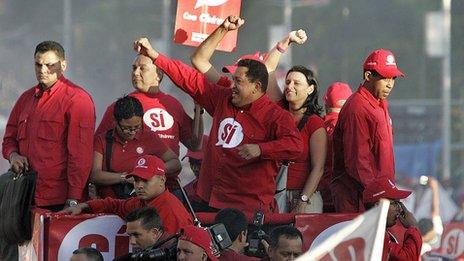 Hugo Chavez (centre) campaigning for constitutional change in 2007