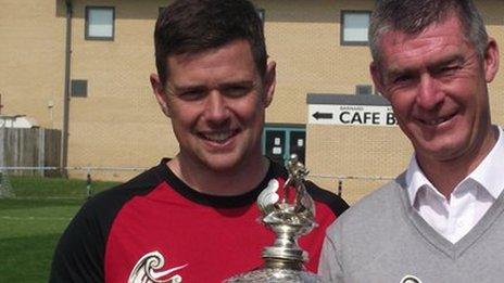 Gateshead boss Anth Smith and Paul Bryson with the Gateshead Senior Cup