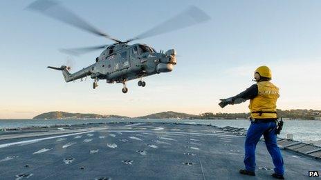 Lynx helicopter from RNAS Yeovilton arriving on a frigate