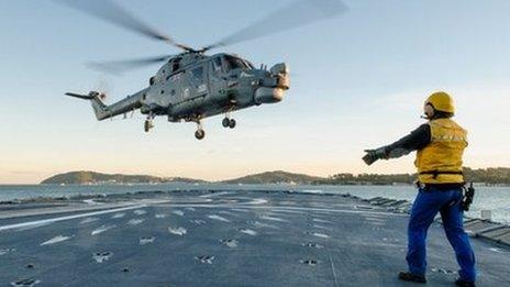 Lynx helicopter from RNAS Yeovilton arriving on a frigate