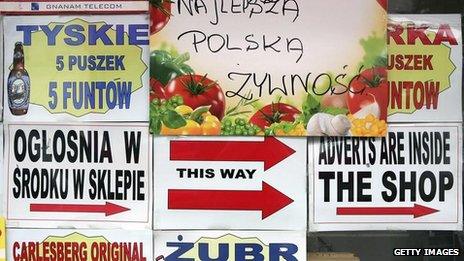 Signs in Polish in a London shop window