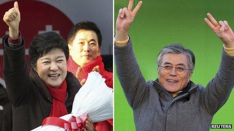 Park Geun-hye (L) campaigns in Gunpo and Moon Jae-in campaigns in Incheon on 17 December 2012