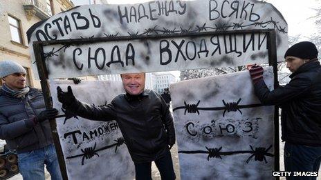 Activist wearing a mask of Ukrainian President Viktor Yanukovych protests against customs union with a symbolic gate