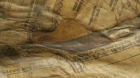 Close up picture of a patched area on the Mappa Mundi