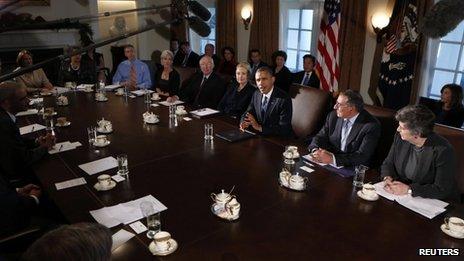 President Barack Obama speaks during a meeting with members of his cabinet at the White House in Washington 28 November 2012