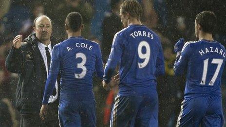 Rafa Benitez (left) congratulates Ashley Cole, Fernando Torres and Eden Hazard after the game against Leeds