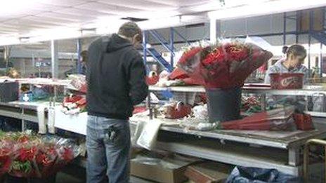 Flowers being packaged to be delivered