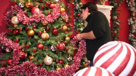 Christmas decorations with tinsel on a tree