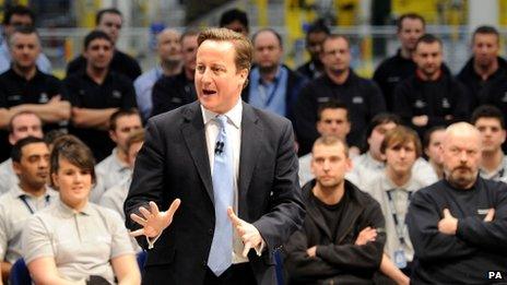 Prime Minister David Cameron speaks to Airbus workers and apprentices on a visit to Broughton in December