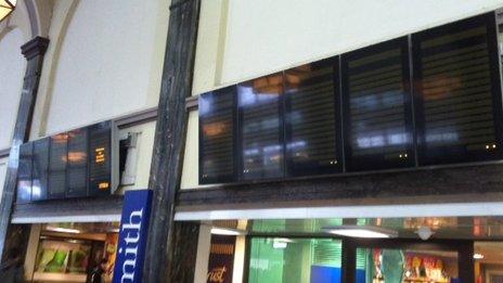 Destination boards at Cardiff Central railway station