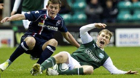 Richard Brittain and David Wotherspoon challenge at Easter Road