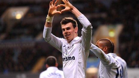 Tottenham winger Gareth Bale celebrates at Villa Park