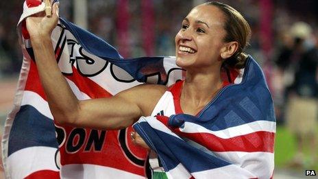 Jessica Ennis celebrates winning the Heptathlon, after the 800m event during day eight of the London Olympic Games