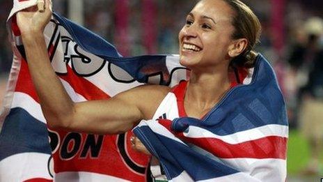 Jessica Ennis celebrates winning the Heptathlon, after the 800m event during day eight of the London Olympic Games