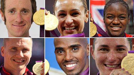 Clockwise from top left: Bradley Wiggins, Jess Ennis, Nicola Adams, Sarah Storey, Mo Farah, David Weir