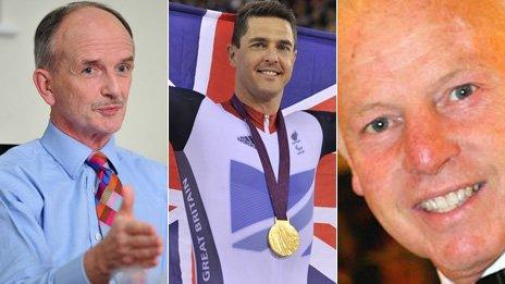 Charity supporter Geraint Davies, Paralympian Mark Colbourne and rugby great JJ Williams