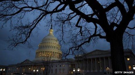 The US Capitol at dusk.