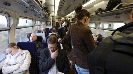 Passengers on a crowded train to London Kings Cross