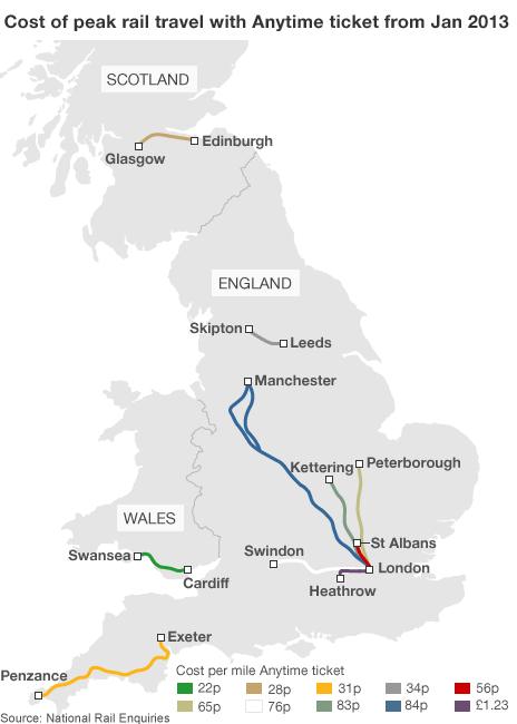 Map showing various train routes and the cost per mile from January 2013