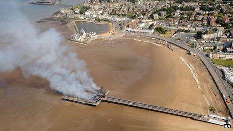 The fire-damaged pier from the air